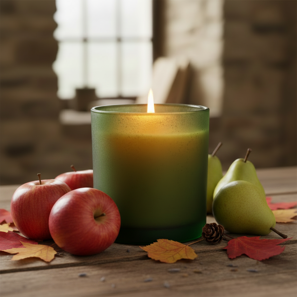 Rustic Beeswax Candle – Green Frosted Glass with Macintosh Apples & Pears